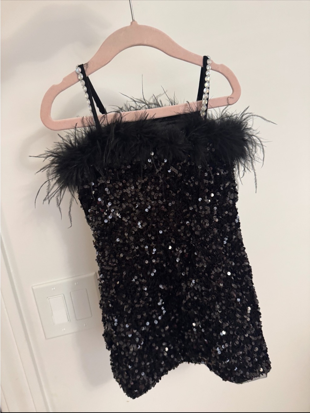 Lola + The Boys Black Sequin Dress with Feather Trim